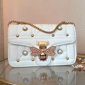 Beige Quilted Bee Pearl Crossbody Bag | Gold-Tone Chain | New